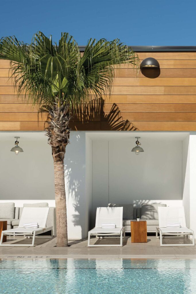 a palm tree and lounge chairs outside of a building