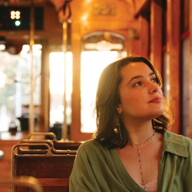 a person sitting in a train